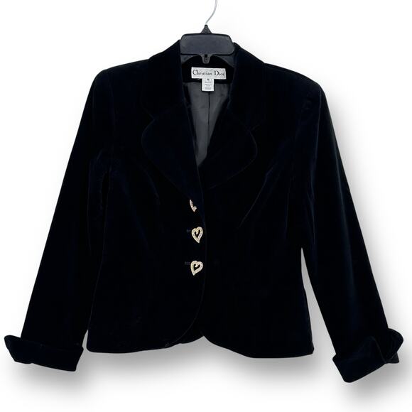 Vtg Christian Dior Velvet Rhinestone Heart Button Blazer Jacket Womens Size 6 - Picture 1 of 10